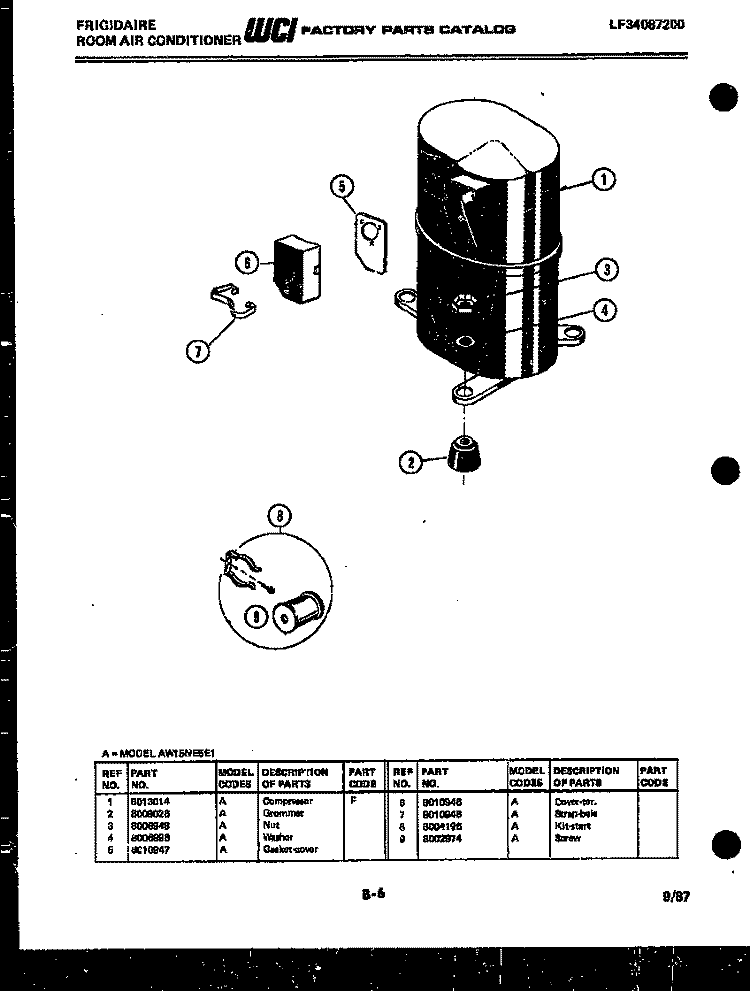 COMPRESSOR PARTS Diagram and Parts List for AW15NE5E1  Frigidaire Air Conditioner
