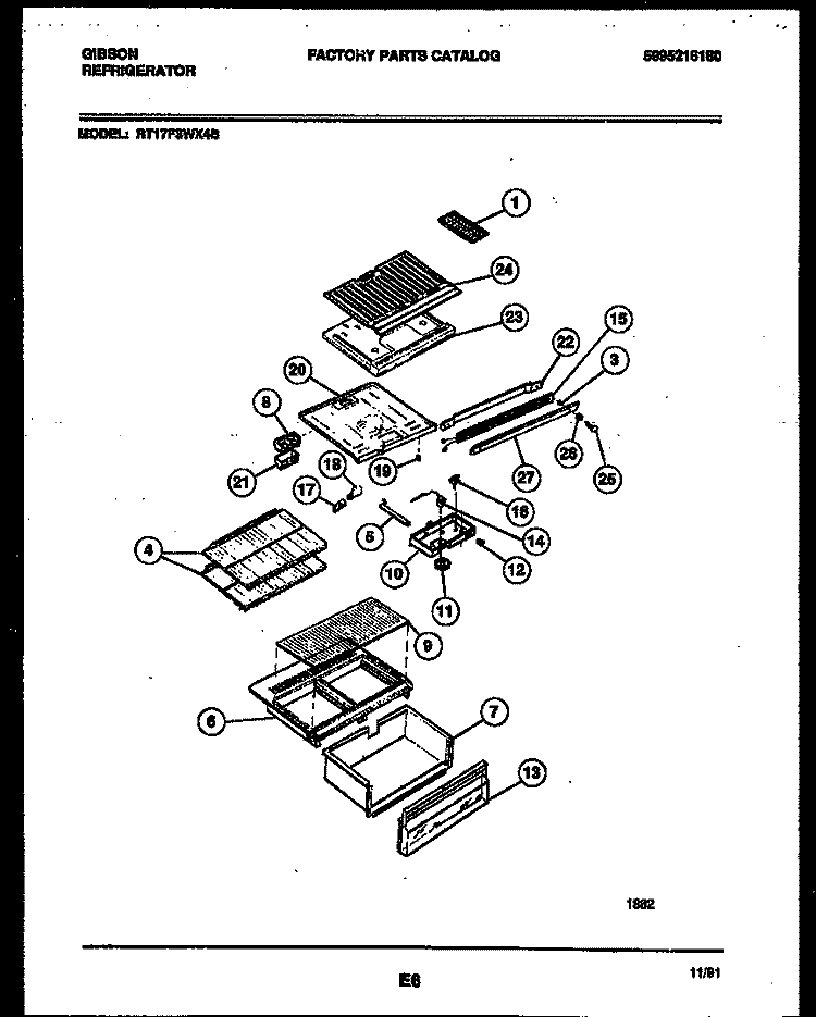 SHELVES AND SUPPORTS Diagram and Parts List for RT17F3WX4B  Gibson Refrigerator