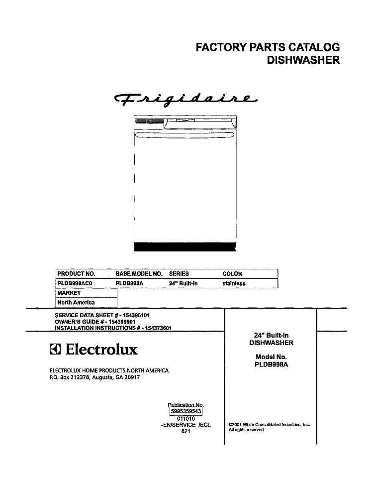 COVER Diagram and Parts List for PLDB998AC0  Frigidaire Dishwasher