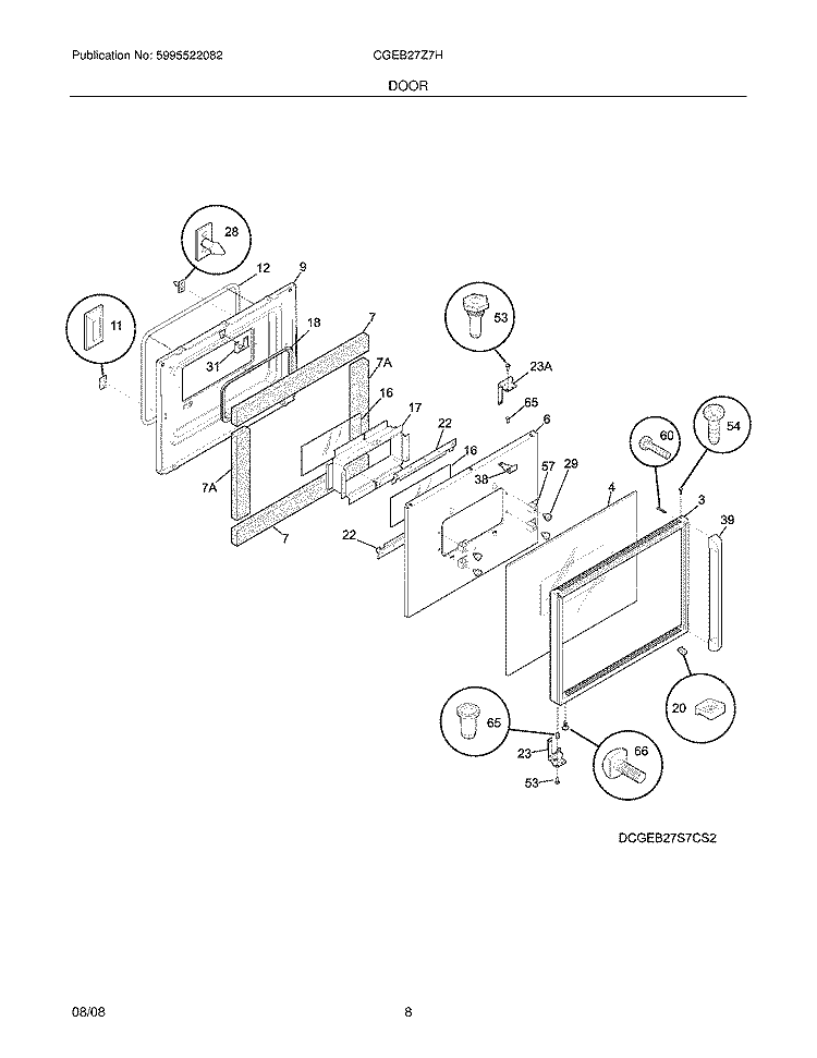 DOOR Diagram and Parts List for CGEB27Z7HS2  Frigidaire Wall Oven
