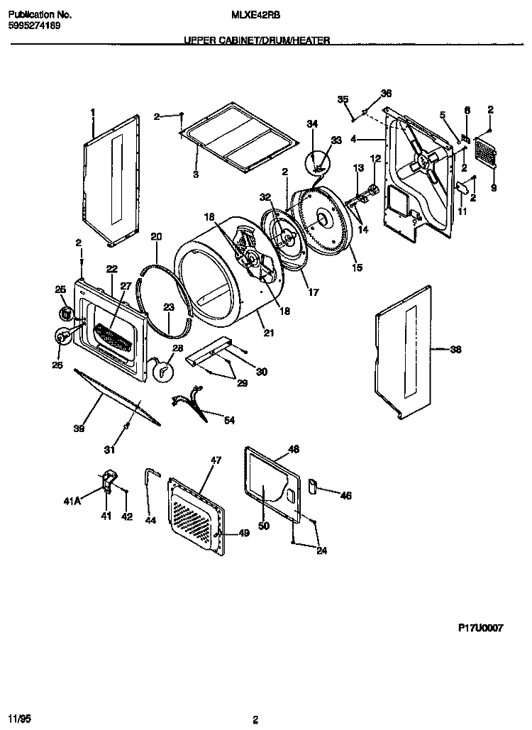 UPPER CABINET / DRUM / HEATER Diagram and Parts List for MLXE42RBD2  Frigidaire Washer Dryer Combo