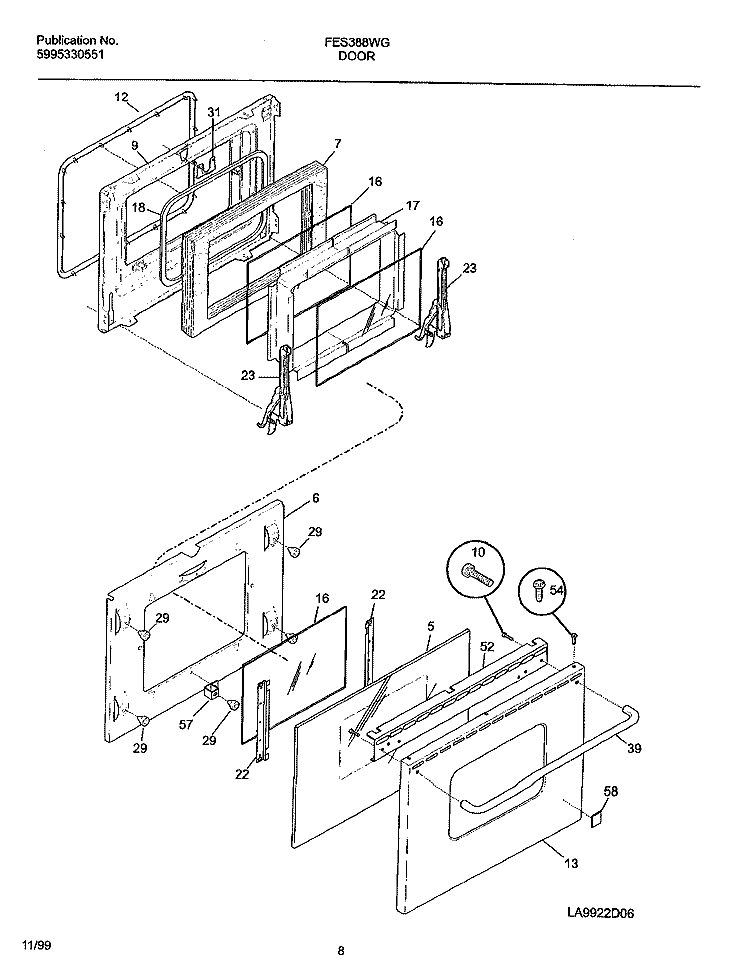 DOOR Diagram and Parts List for FES388WGCH  Frigidaire Range