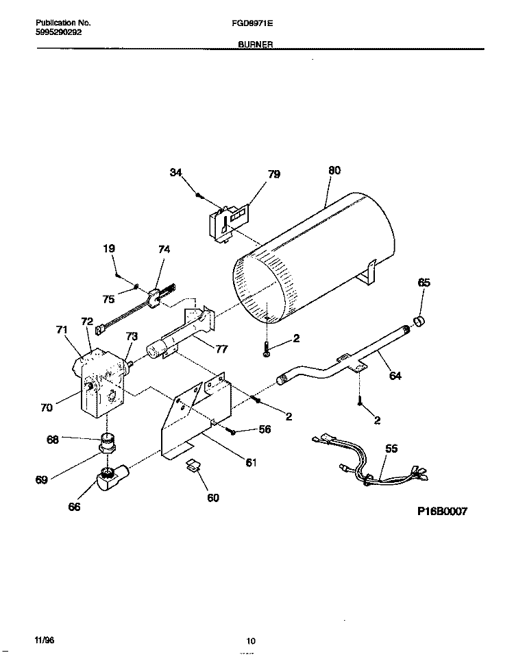 BURNER Diagram and Parts List for FDG8971EW0  Frigidaire Dryer