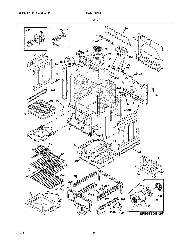 BODY Diagram and Parts List for FPGS3085KFF  Frigidaire Range