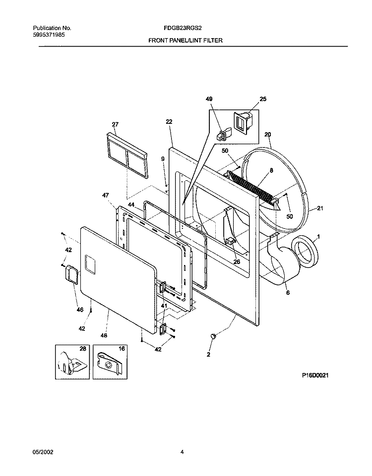 FRNT PNL, DOOR Diagram and Parts List for FDGB23RGS2  Frigidaire Dryer