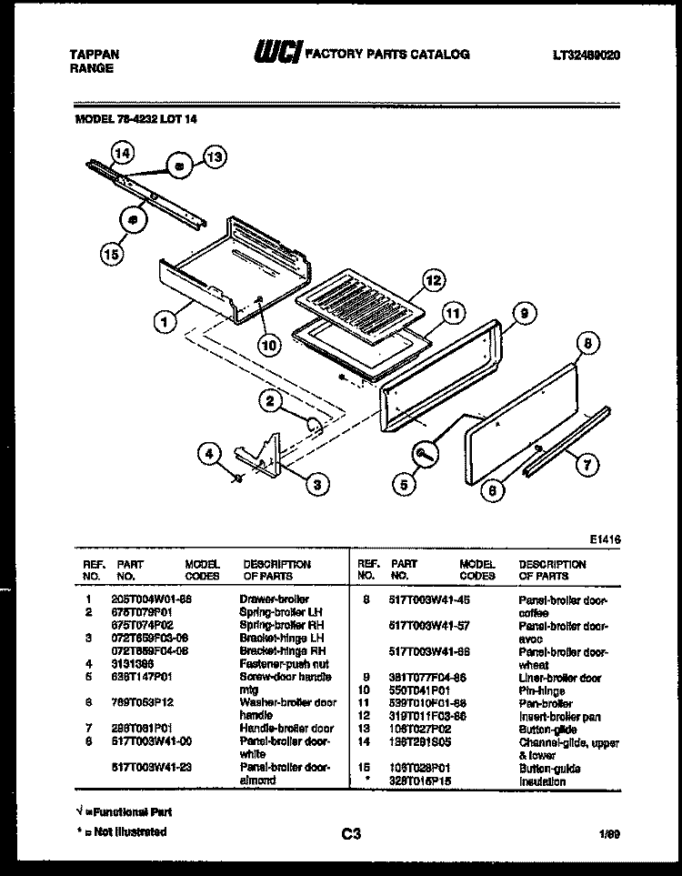 BROILER DRAWER PARTS Diagram and Parts List for 76-4232-00-14  Tappan Microwave Oven Combo