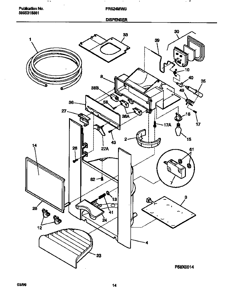ICE DISPENSER Diagram and Parts List for FRS24MWGW2  Frigidaire Refrigerator