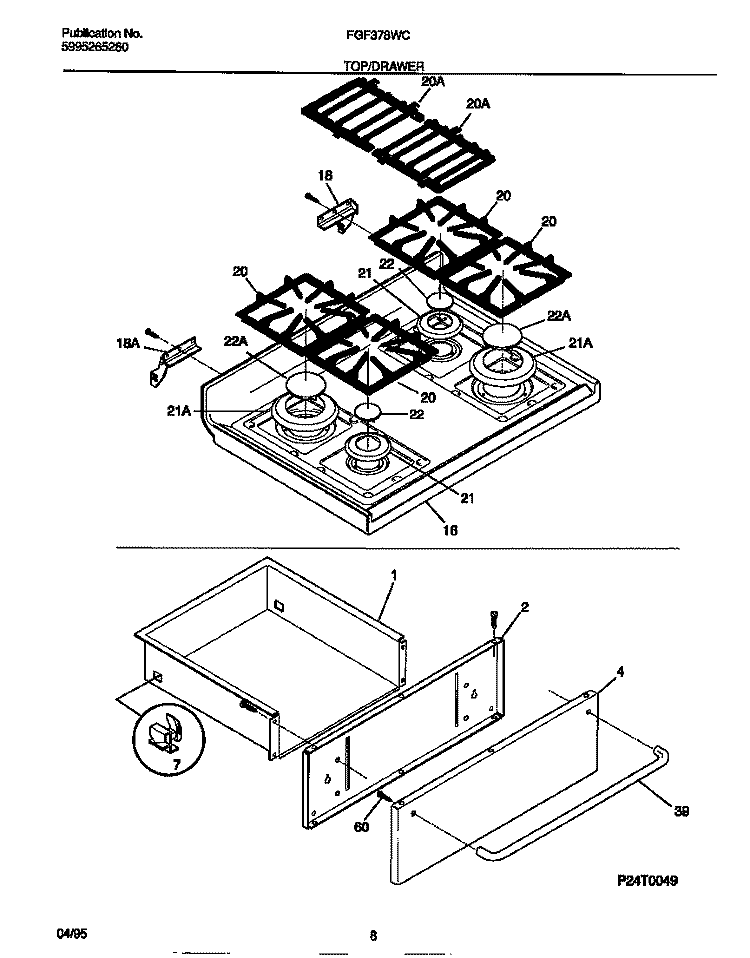 TOP / DRAWER Diagram and Parts List for FGF378WCCA  Frigidaire Range