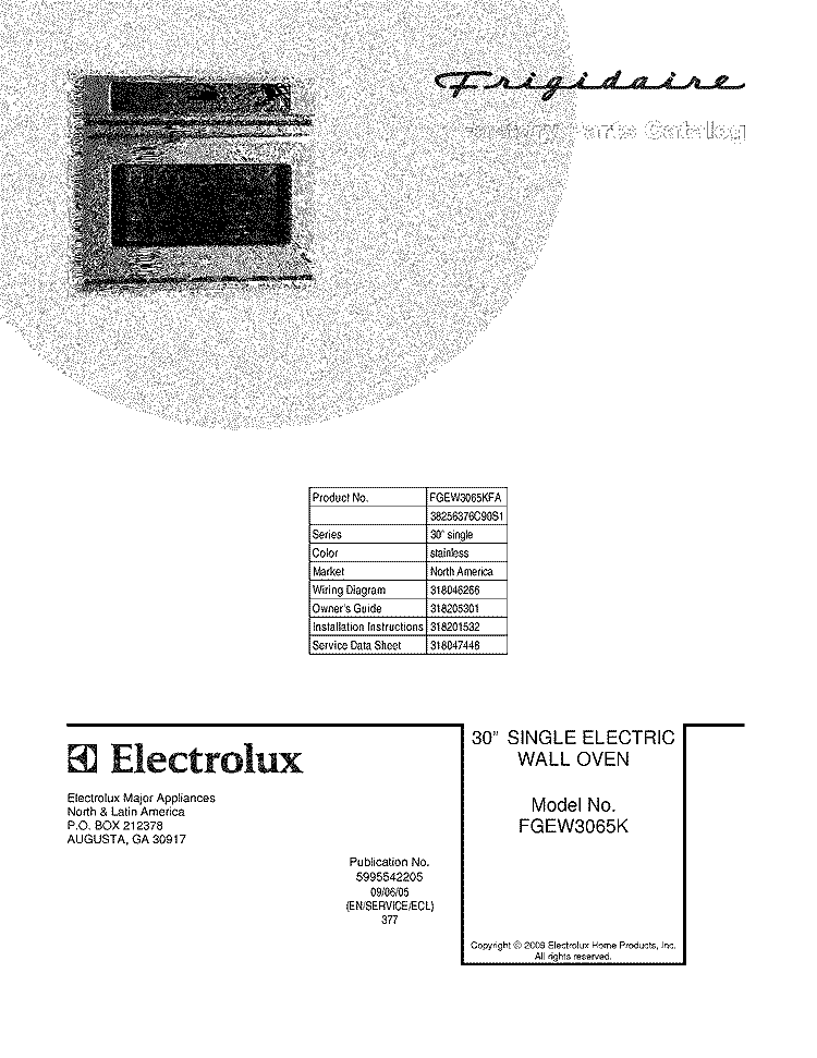 COVER Diagram and Parts List for FGEW3065KFA  Frigidaire Wall Oven