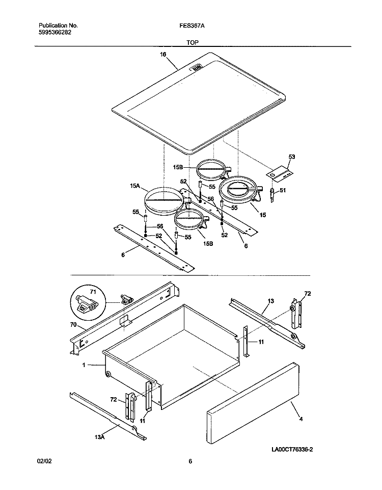 TOP / DRAWER Diagram and Parts List for FES367AQC  Frigidaire Range