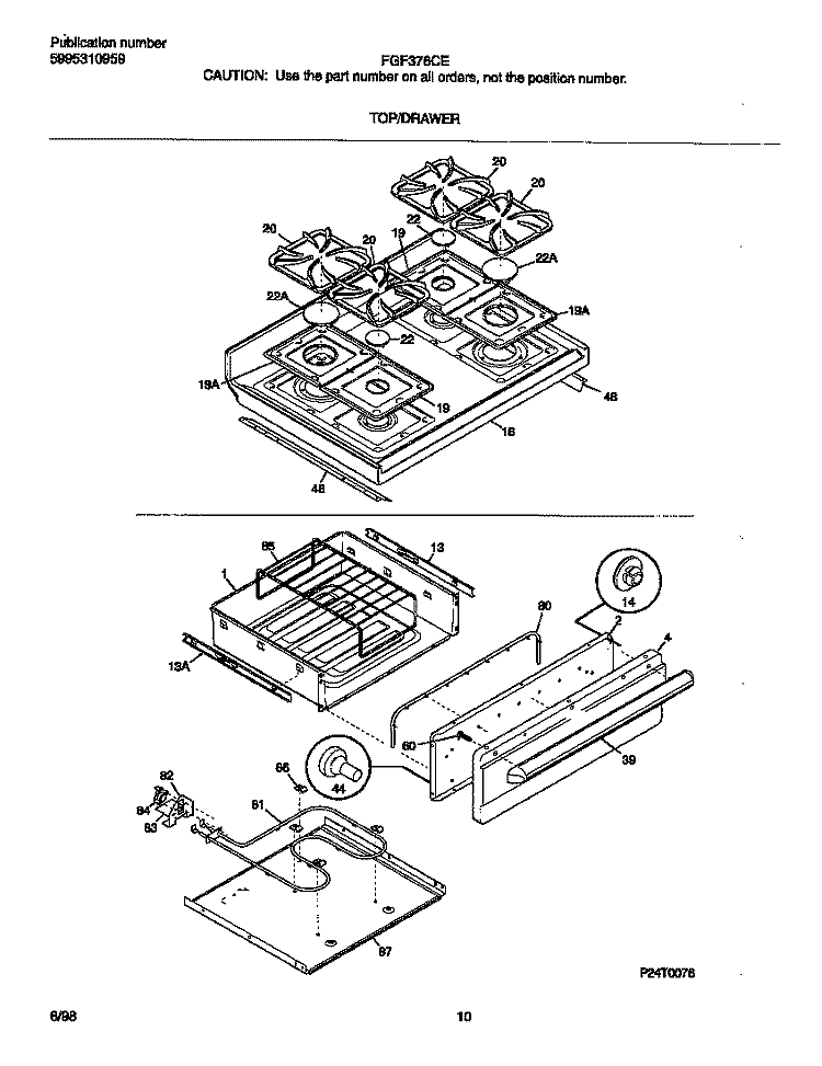 TOP / DRAWER Diagram and Parts List for FGF376CEBJ  Frigidaire Range