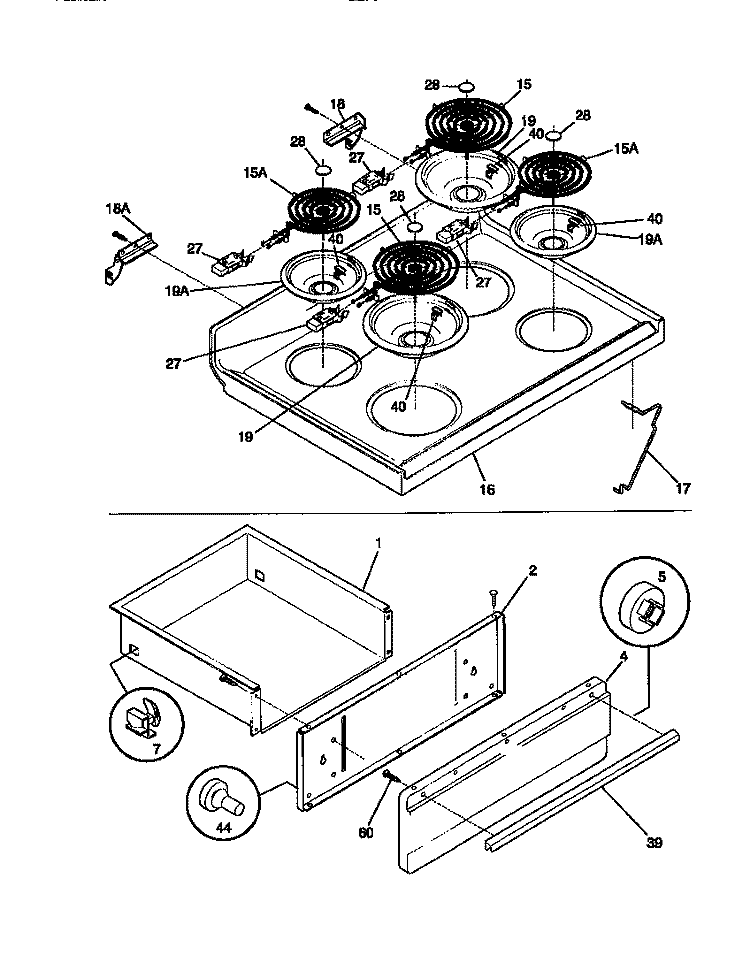 TOP / DRAWER Diagram and Parts List for GEF354BBDB  Gibson Range