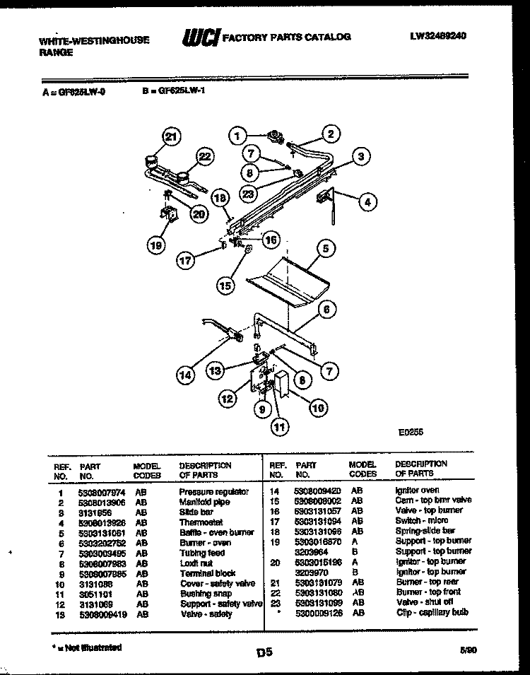 BURNER, MANIFOLD AND GAS CONTROL Diagram and Parts List for GF625LD1  Frigidaire Range