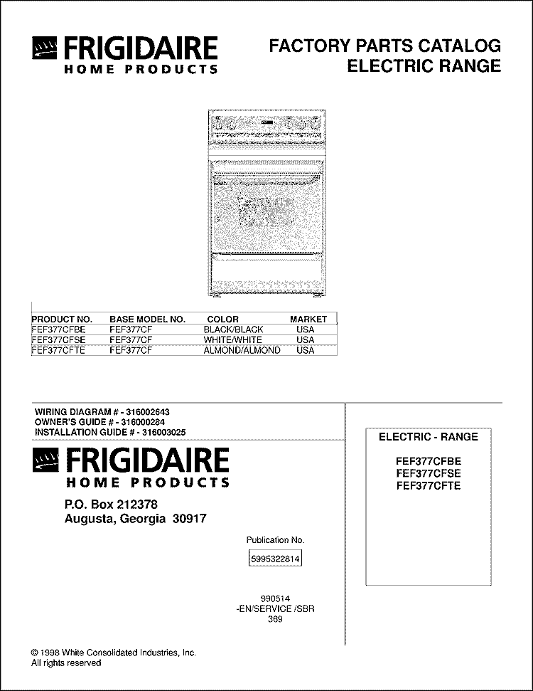 COVER Diagram and Parts List for FEF377CFBE  Frigidaire Range