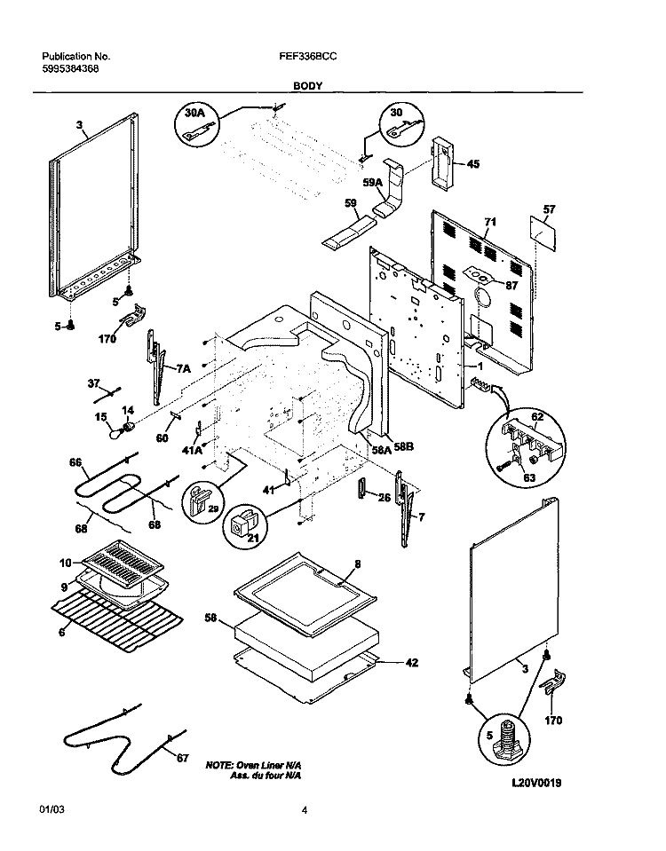 BODY Diagram and Parts List for FEF336BCC  Frigidaire Range