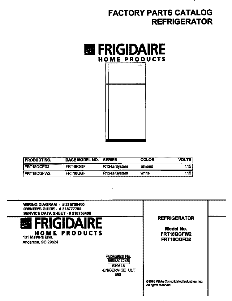 COVER Diagram and Parts List for FRT18QGFD2  Frigidaire Refrigerator