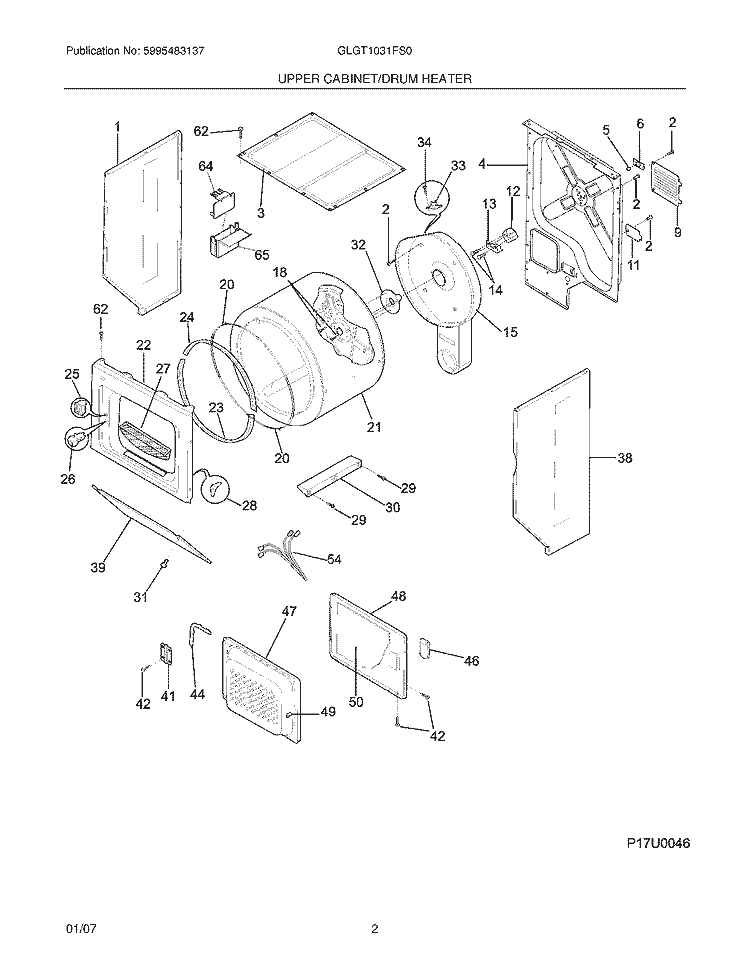 UPPER CABINET / DRUM HEATER Diagram and Parts List for GLGT1031FS0  Frigidaire Washer Dryer Combo