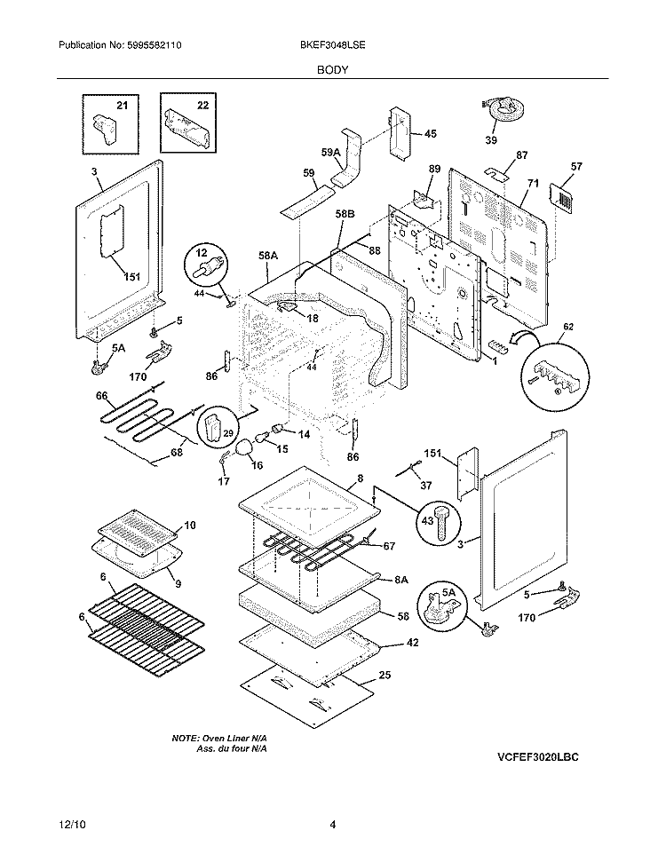 BODY Diagram and Parts List for BKEF3048LSE  Frigidaire Range