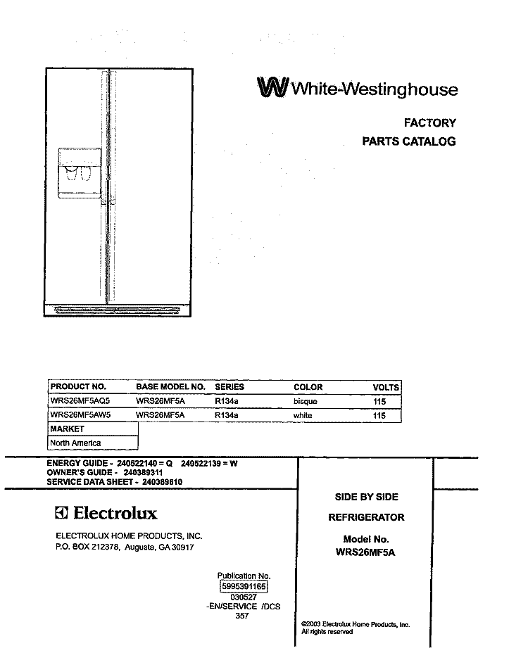 COVER Diagram and Parts List for WRS26MF5AQ5  Westinghouse Refrigerator
