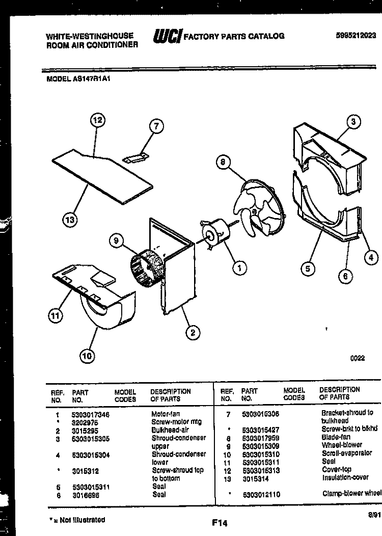AIR HANDLING PARTS Diagram and Parts List for AS147R1A1  Frigidaire Air Conditioner