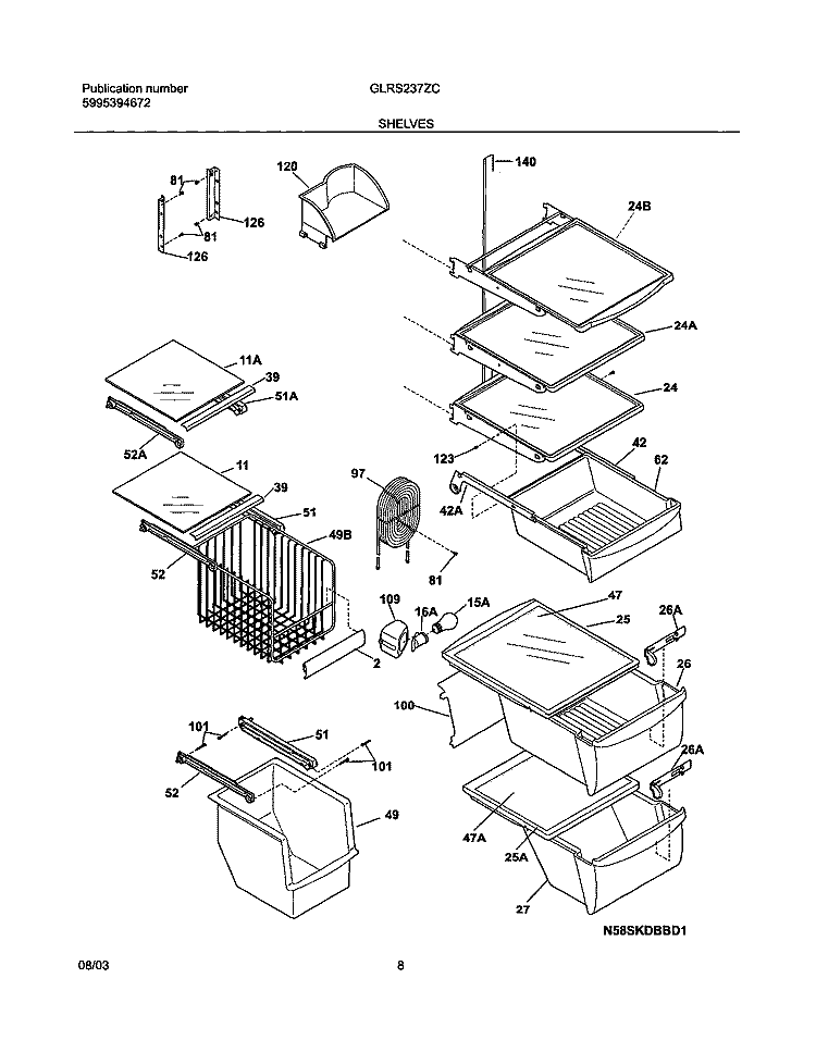 SHELVES Diagram and Parts List for GLRS237ZCW2  Frigidaire Refrigerator