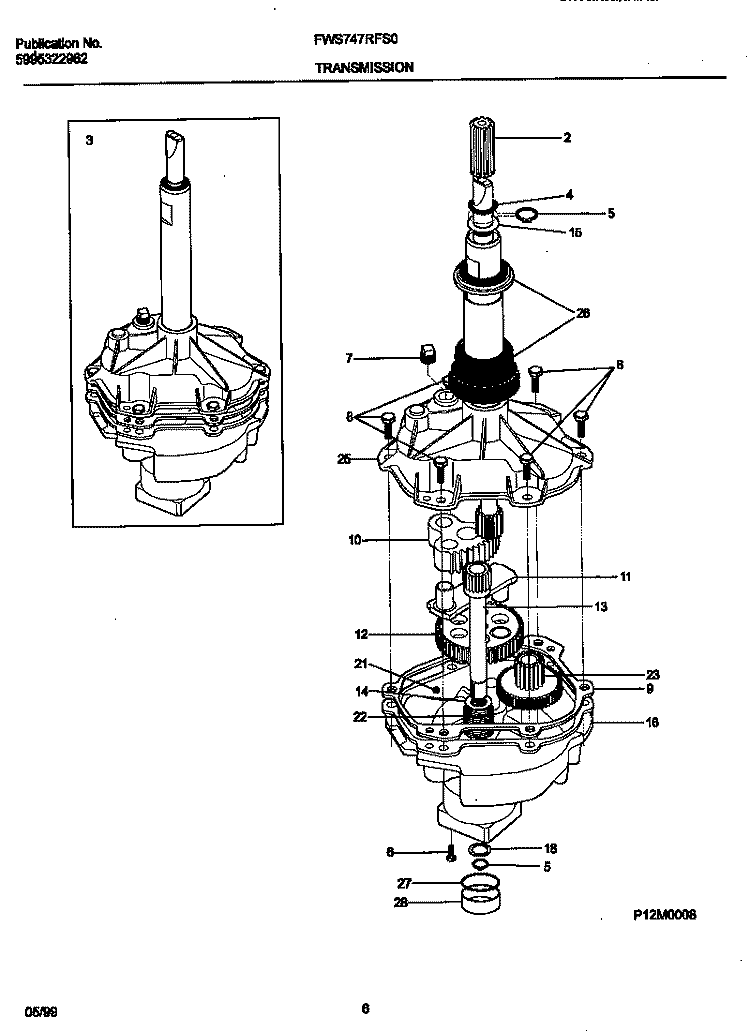 P12M0008 TRANSMISSION Diagram and Parts List for FWS747RFS0  Frigidaire Washer