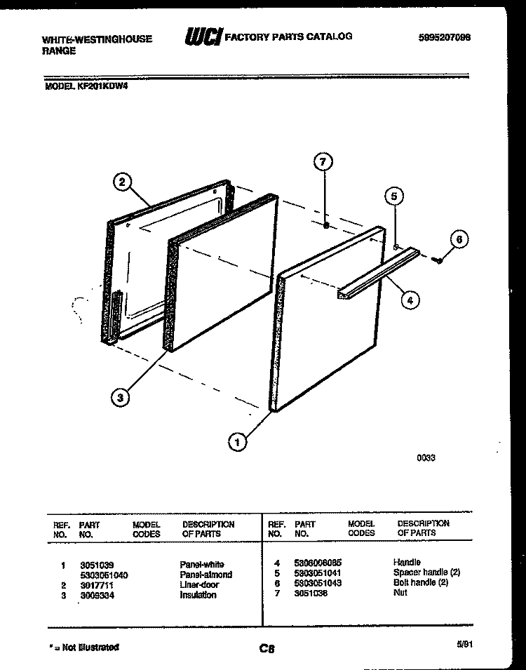 DOOR PARTS Diagram and Parts List for KF201KDW4  Frigidaire Range