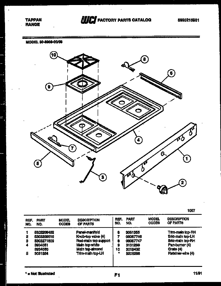 COOKTOP PARTS Diagram and Parts List for 30-3989-00-06  Tappan Range