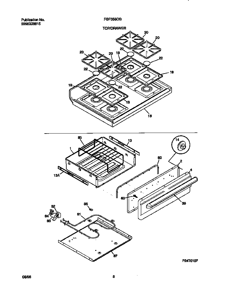 TOP / DRAWER Diagram and Parts List for FGF358CGSA  Frigidaire Range