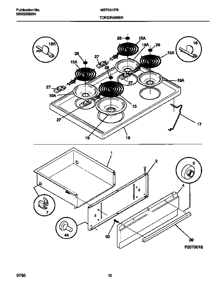 TOP / DRAWER Diagram and Parts List for MEF301PBDE  Frigidaire Range