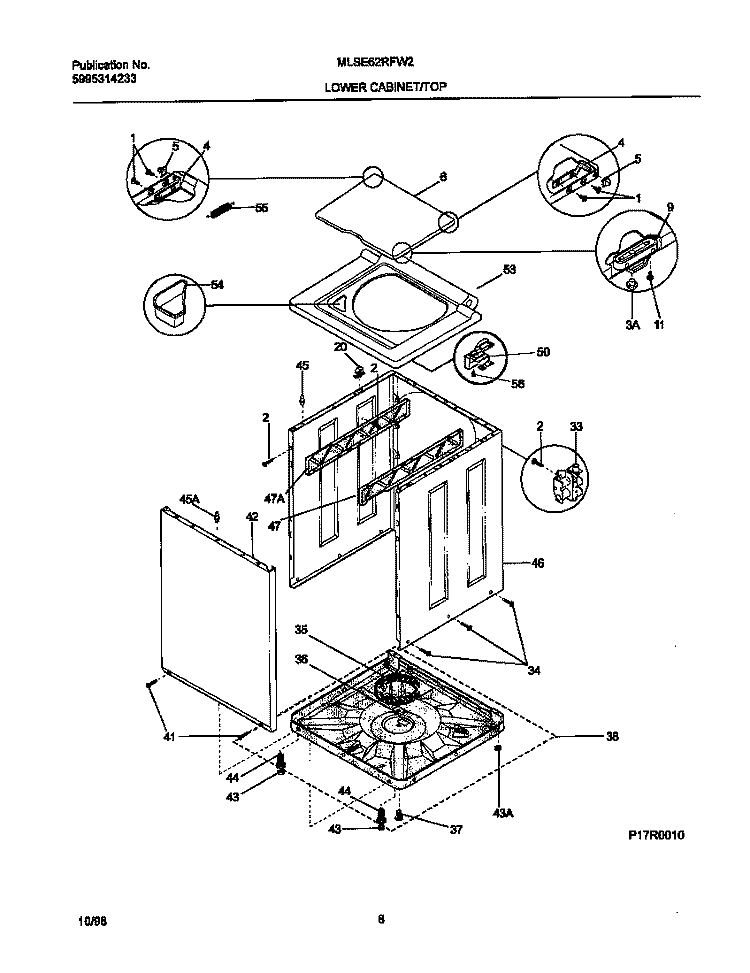P17R0010 WSHR CAB, TOP Diagram and Parts List for MLSE62RFW2  Frigidaire Washer Dryer Combo