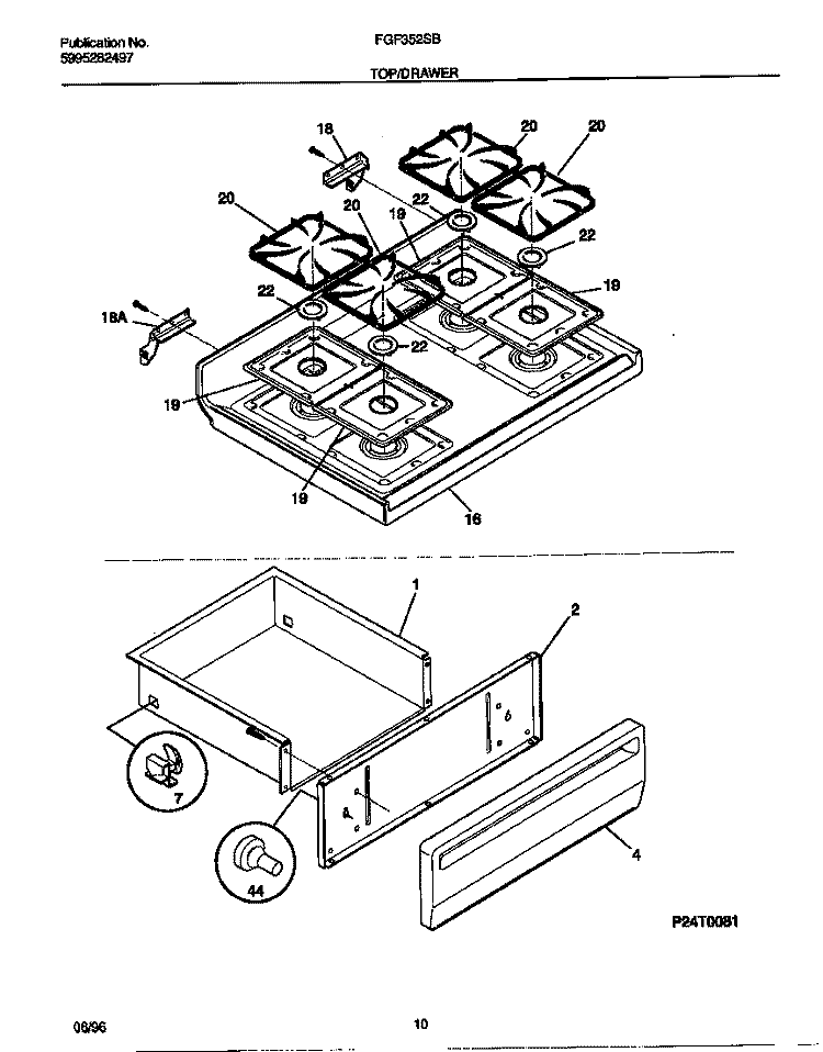 TOP / DRAWER Diagram and Parts List for FGF352SBWC  Frigidaire Range
