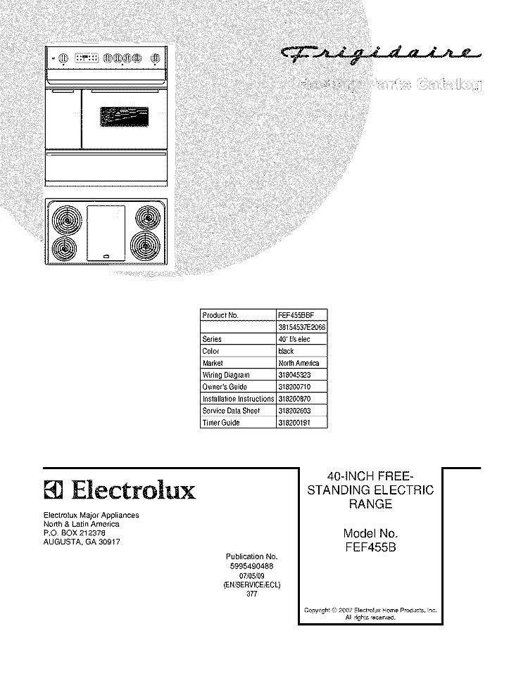 COVER Diagram and Parts List for FEF455BBF  Frigidaire Range