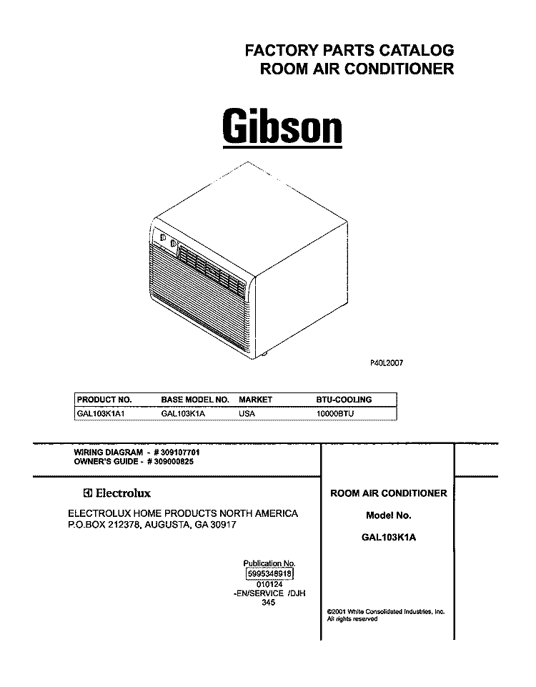 COVER Diagram and Parts List for GAL103K1A1  Gibson Air Conditioner
