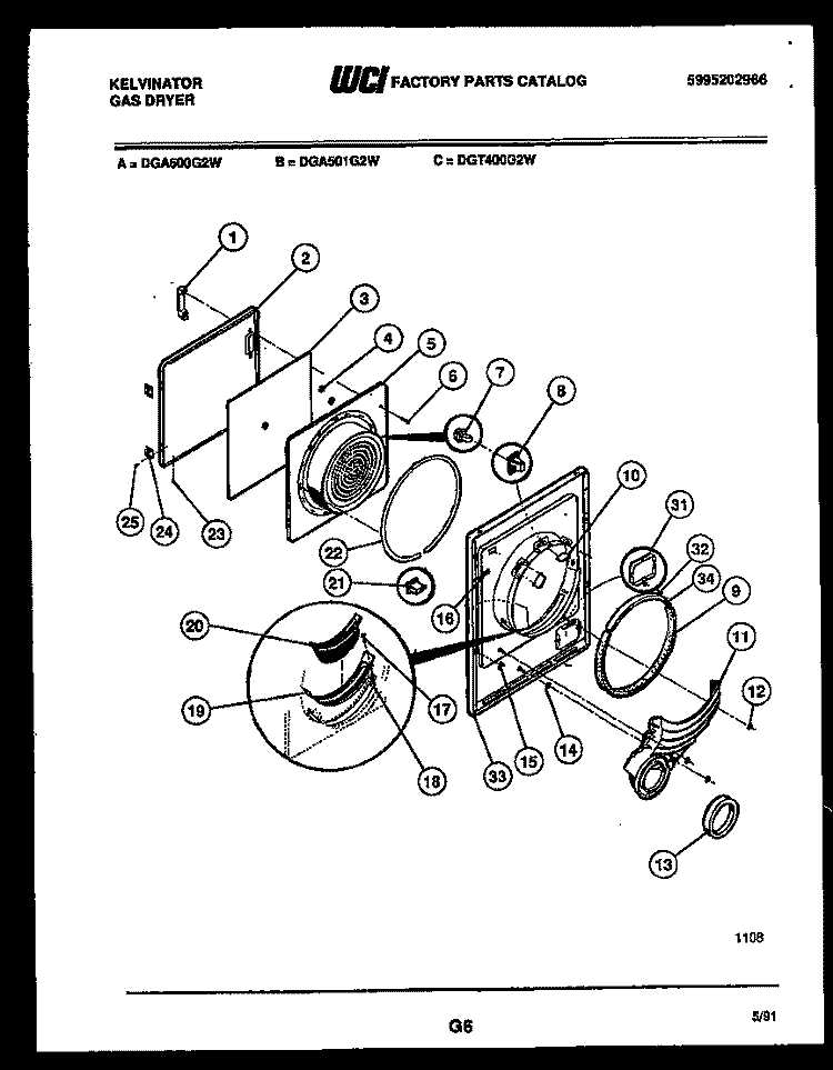 DOOR PARTS Diagram and Parts List for DGA500G2W  Kelvinator Dryer