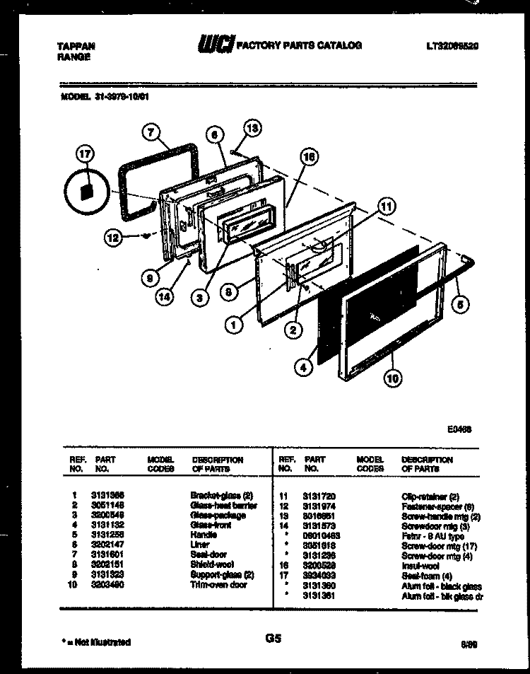 DOOR PARTS Diagram and Parts List for 31-3979-23-01  Tappan Range