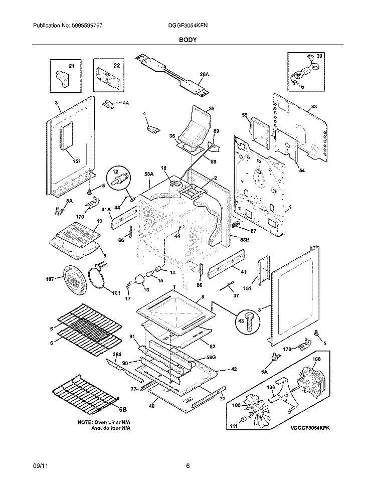 BODY Diagram and Parts List for DGGF3054KFN  Frigidaire Range