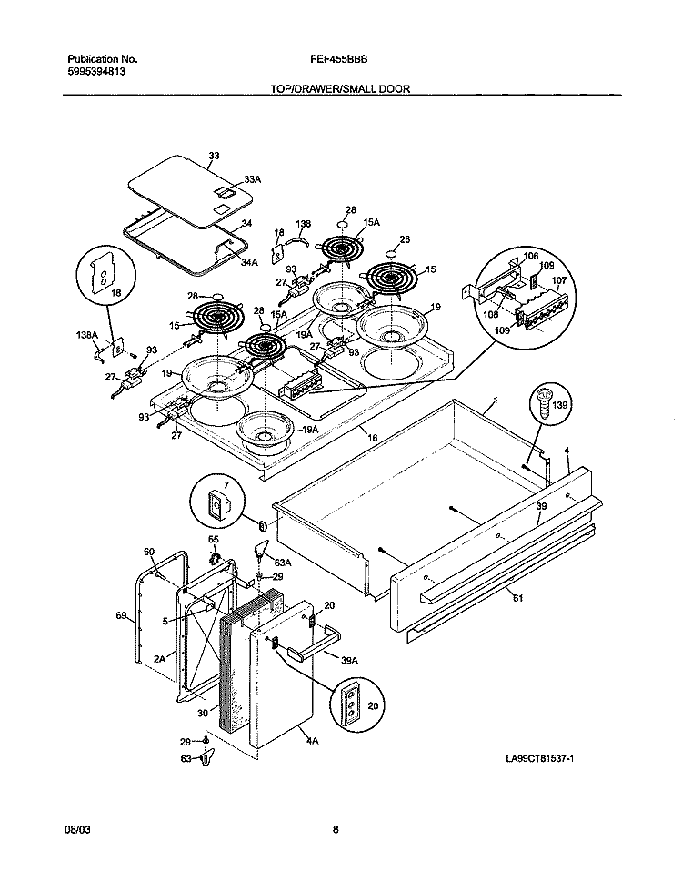TOP / DRAWER / SMALL DOOR Diagram and Parts List for FEF455BBB  Frigidaire Range