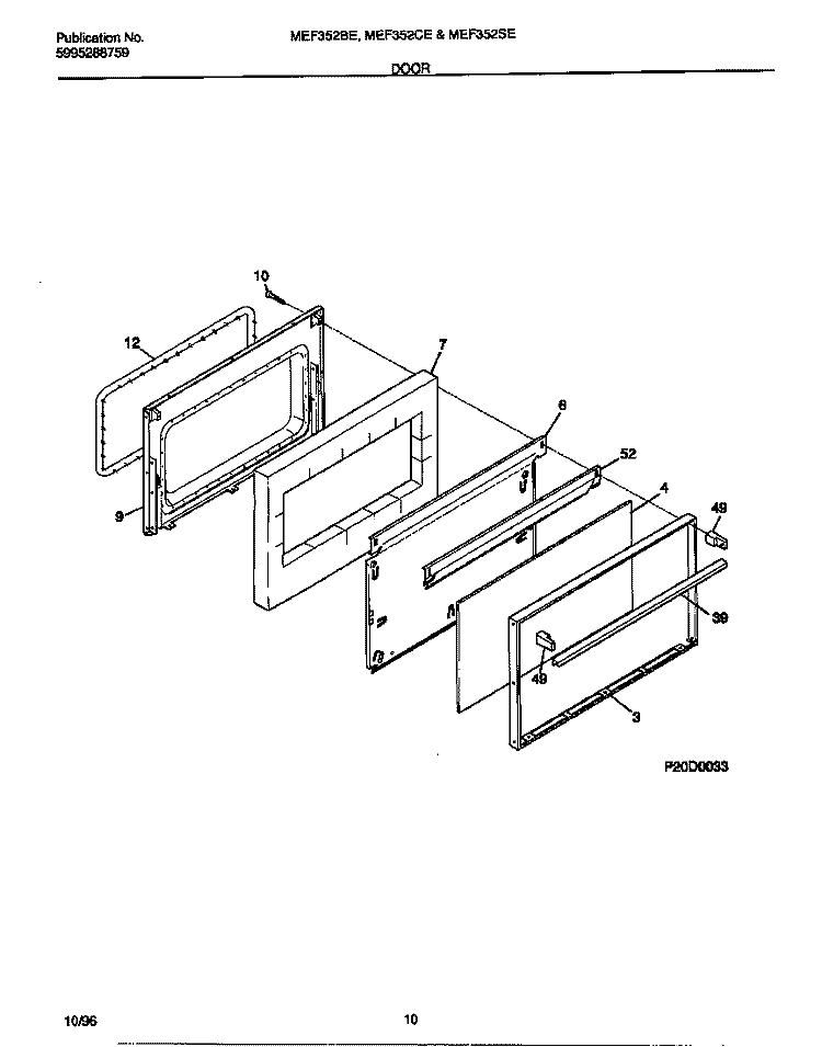 DOOR Diagram and Parts List for MEF352SEDB  Frigidaire Range