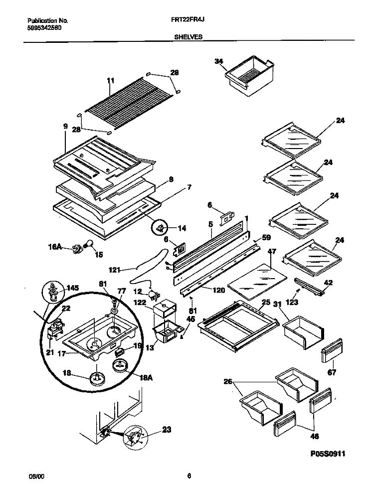 SHELVES Diagram and Parts List for FRT22FR4JW1  Frigidaire Refrigerator