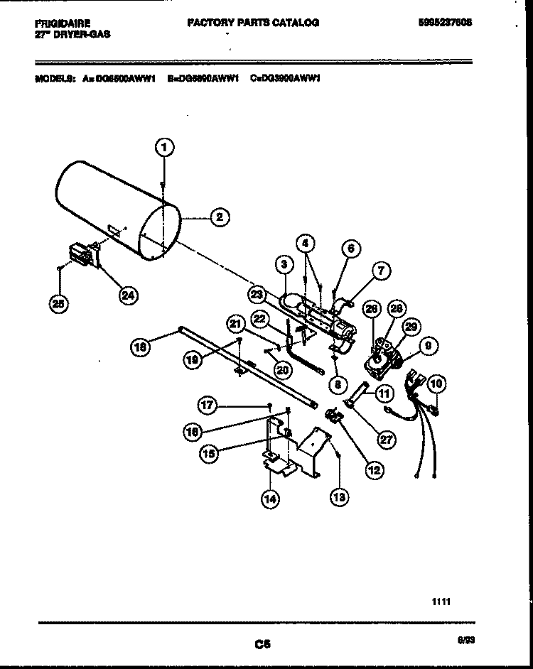 BURNER, IGNITER AND VALVE Diagram and Parts List for DG3900AWW1  Frigidaire Dryer