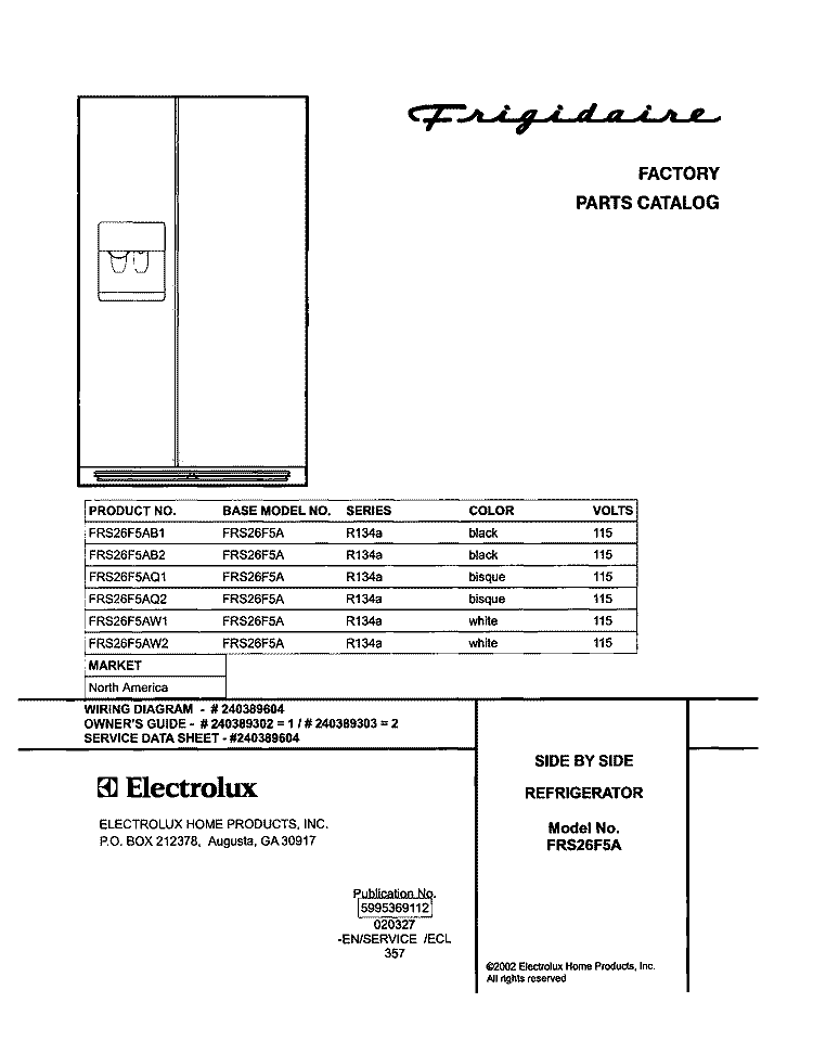 COVER Diagram and Parts List for FRS26F5AQ2  Frigidaire Refrigerator