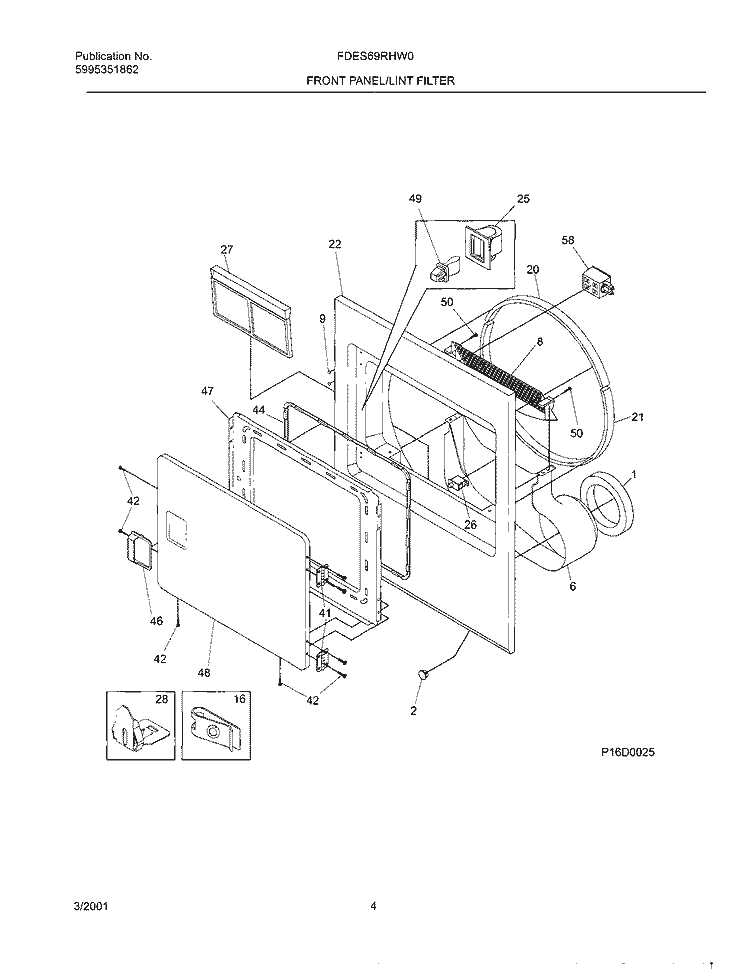 FRNT PNL, DOOR Diagram and Parts List for FDES69RHW0  Frigidaire Dryer