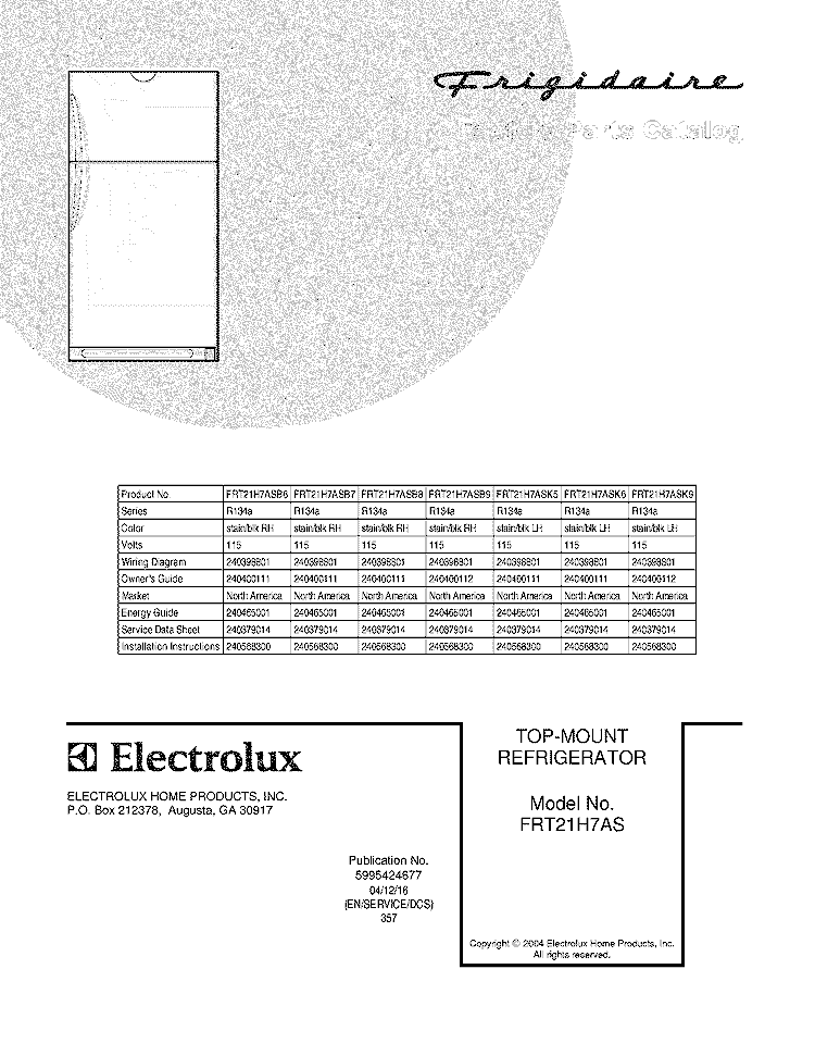COVER Diagram and Parts List for FRT21H7ASK9  Frigidaire Refrigerator