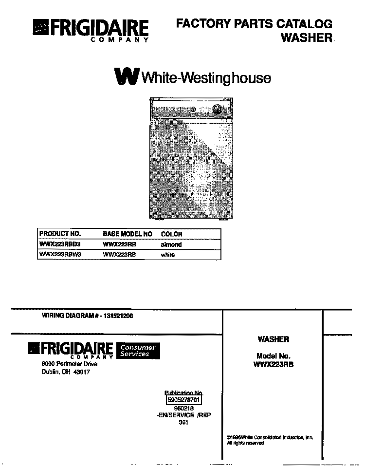 COVER Diagram and Parts List for WWX223RBW3  Frigidaire Washer