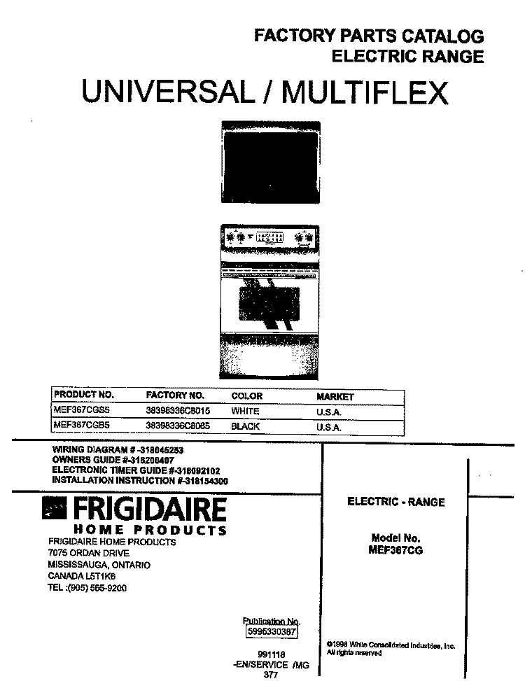 COVER Diagram and Parts List for MEF367CGB5  Frigidaire Wall Oven