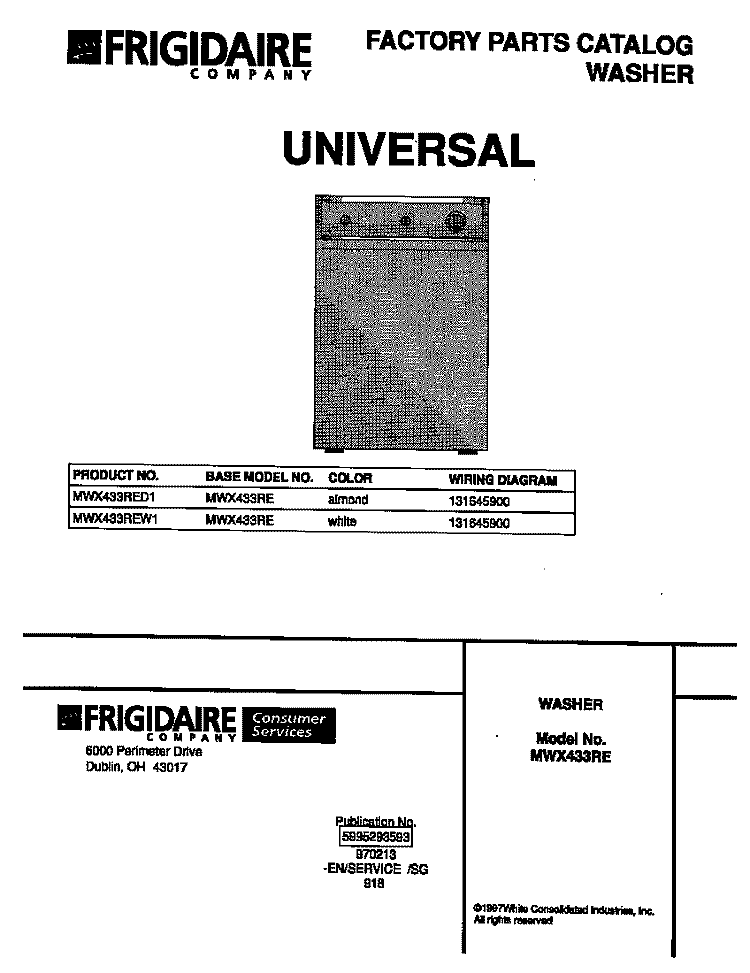 COVER Diagram and Parts List for MWX433RED1  Frigidaire Washer