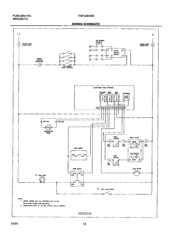 WIRING SCHEMATIC Diagram and Parts List for FGFL66ASD  Frigidaire Range
