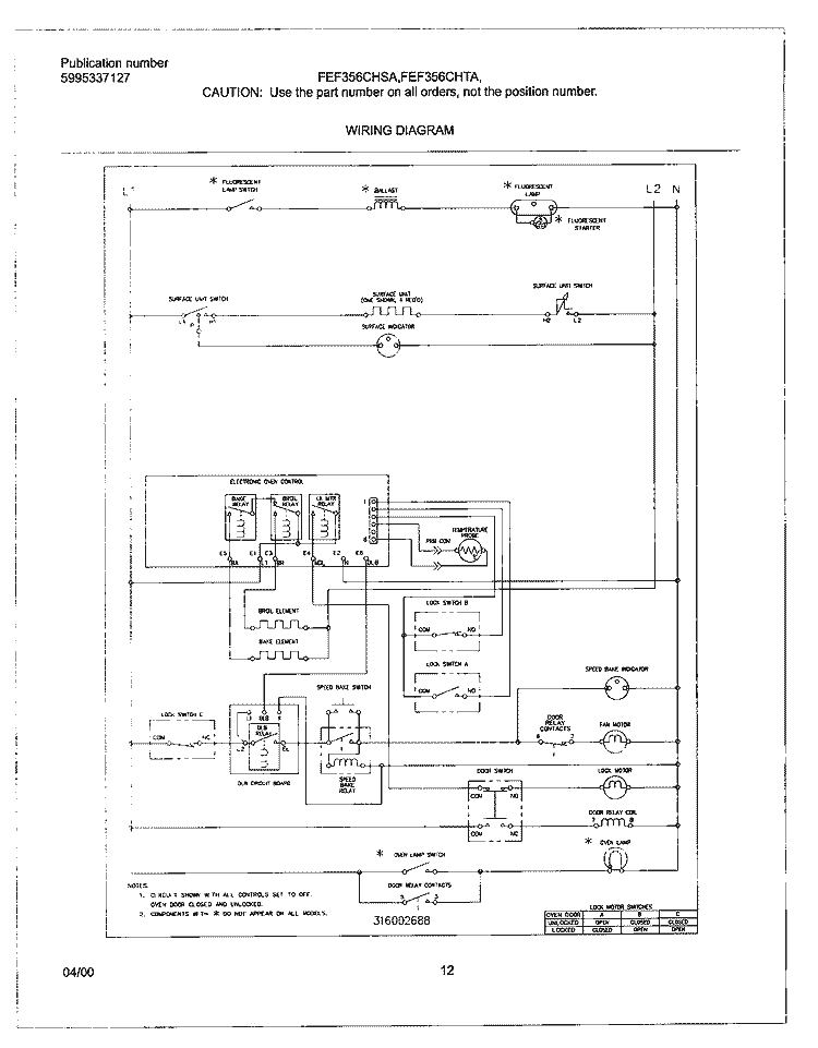 WIRING DIAGRAM Diagram and Parts List for FEF356CHTC  Frigidaire Range