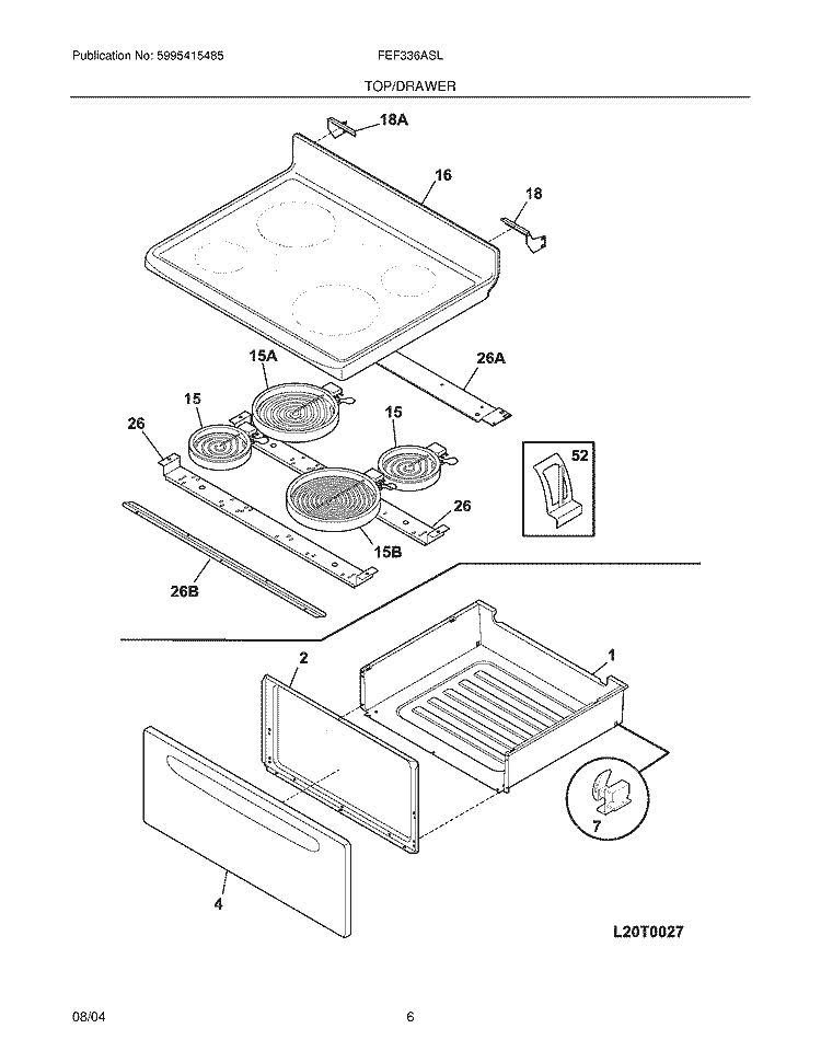 TOP / DRAWER Diagram and Parts List for FEF336ASL  Frigidaire Range